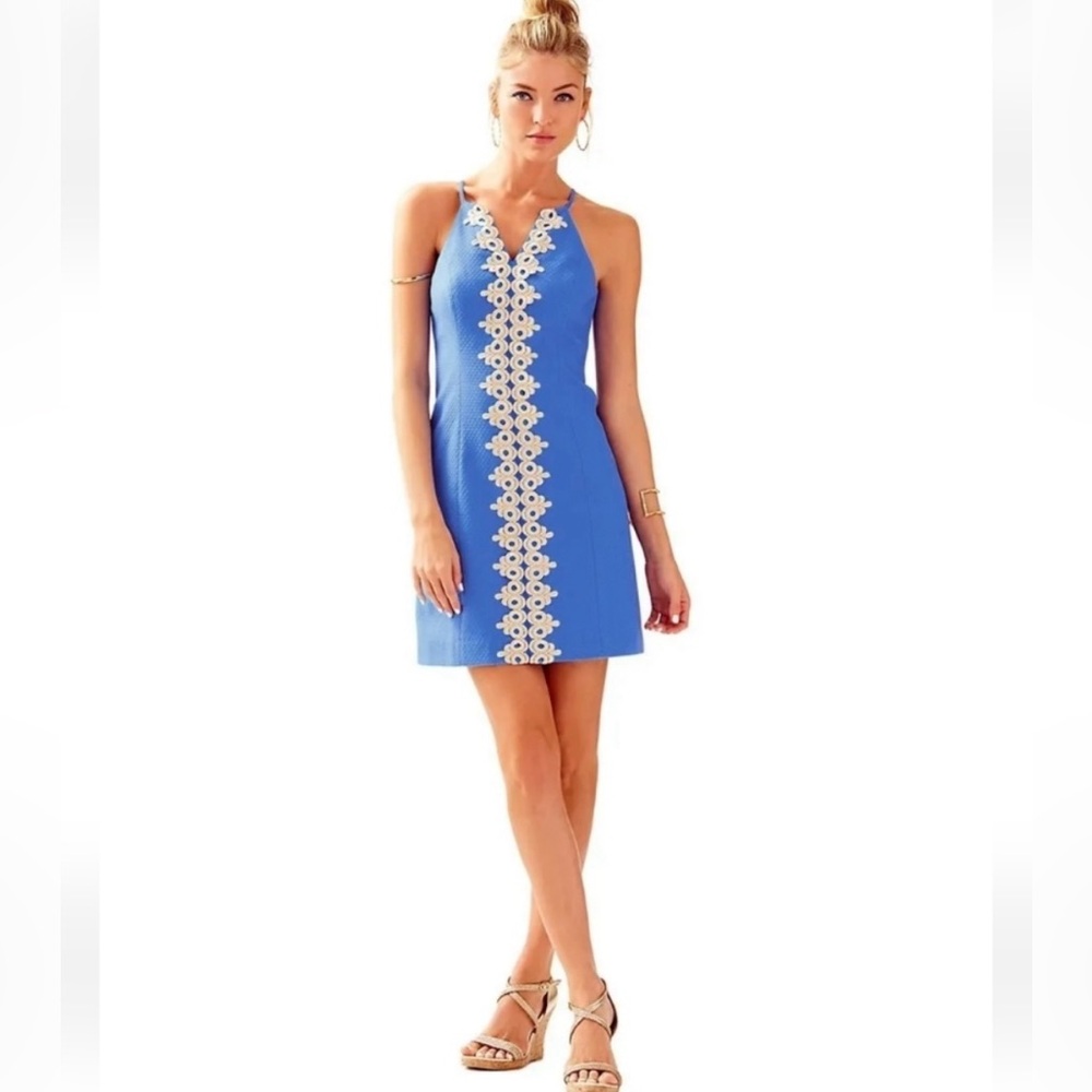 Lilly Pulitzer Blue Halter Sundress with White Lace-Up Detail